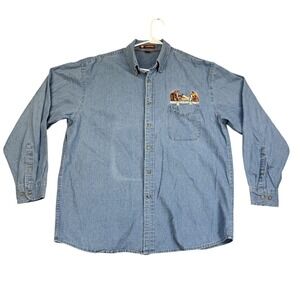 Harriton Denim Shirt Mens XL Blue Button Down Long Sleeve Horse Embroidery *Read